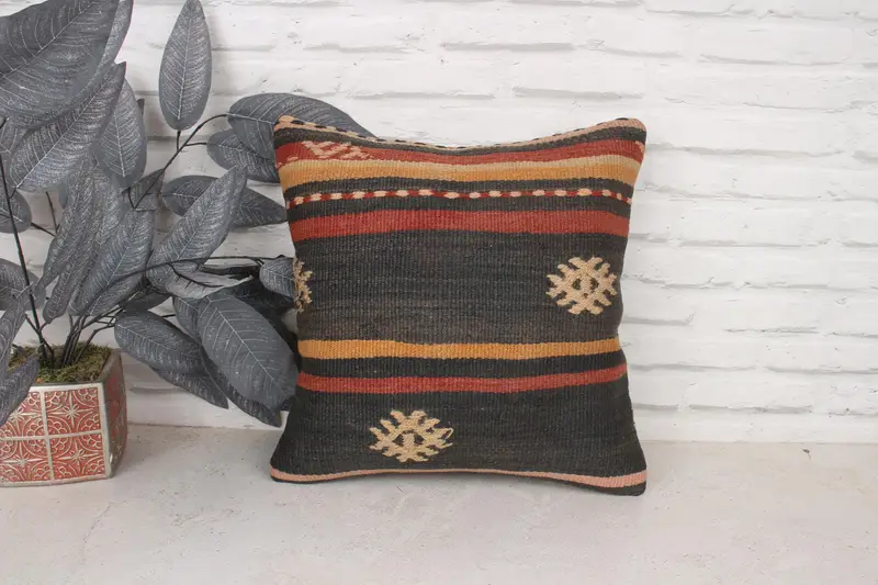 Boho Pillow, 16x16 Brown Cushion Cover, Pillow, Pillow for Couch, Vintage Kilim Pillow, Art Deco Cushion Cover, Kilim Rug Pillow - 1