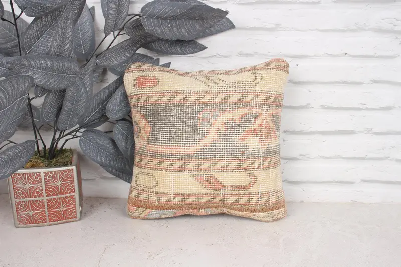 Authentic Cushion, 12x12 Beige Pillow Cover, Kilim Pillow, Vintage Kilim Pillow, Cushion Case, Decorative Bolster Pillow, Interior Designer Pillow - 1