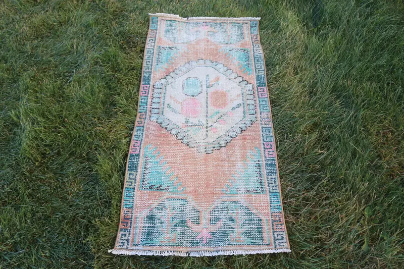1.8x3.8 ft Halı, Türk Vintage Halısı, Mavi Kahverengi Bordürlü Yün Halı - 1