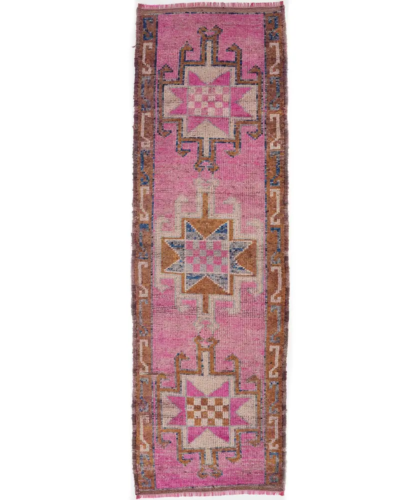 Elegant Pink Rug, 3,1x9,9 ft Green Bordered Design
