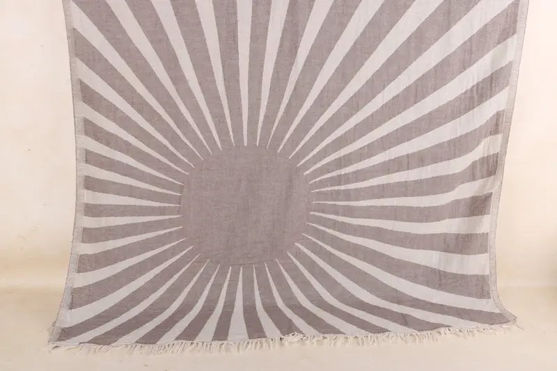 Türk Plaj Havlusu İşlemeli Kahverengi Çizgili, Bej, Organik Pamuk, 36x71 İnç