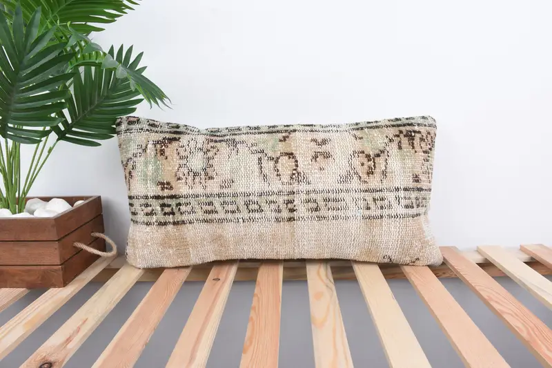 Chair Cushion Case, Kilim Pillow, Vintage Kilim Throw Pillow, Cushion Case, Tribal Pillow, 12x24 Beige Cushion, Antique Pillows, Couch Cushion Cover - 1