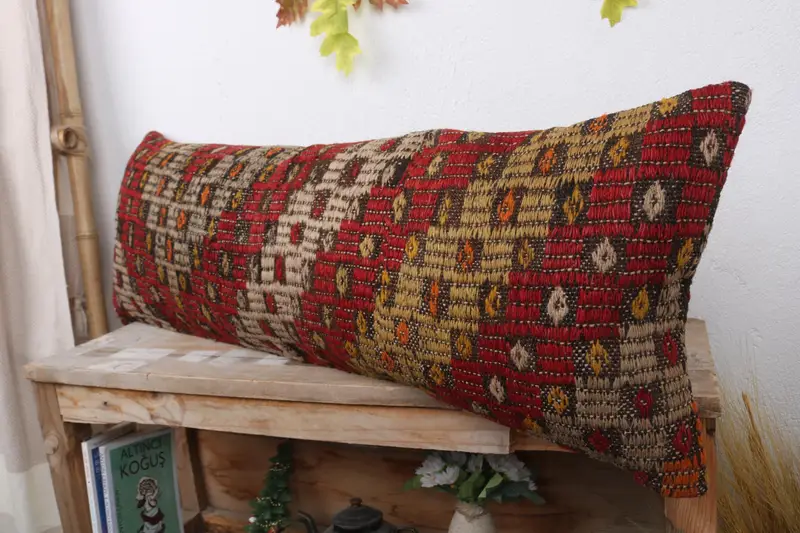 Toss Pillow, Cushion Case, Boho Pillow, 12x36 Red Pillow Sham, Vintage Pillow, Handmade Throw Cushion Case, Knitted Cushion Case, Antique Pillows - 4