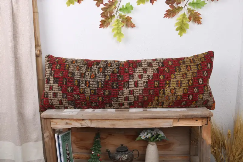 Toss Pillow, Cushion Case, Boho Pillow, 12x36 Red Pillow Sham, Vintage Pillow, Handmade Throw Cushion Case, Knitted Cushion Case, Antique Pillows - 1
