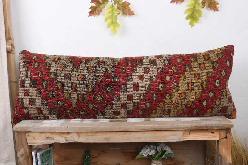 Toss Pillow, Cushion Case, Boho Pillow, 12x36 Red Pillow Sham, Vintage Pillow, Handmade Throw Cushion Case, Knitted Cushion Case, Antique Pillows - 2