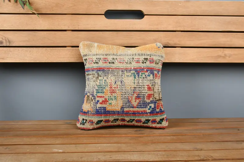 Ethnical Kilim Rug Pillow, Turkish Kilim Pillow, Kilim Rug Pillow Cover, Gift Pillow, 12x12 Blue Pillow Cover, Cushion - 6