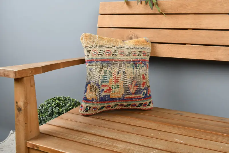 Ethnical Kilim Rug Pillow, Turkish Kilim Pillow, Kilim Rug Pillow Cover, Gift Pillow, 12x12 Blue Pillow Cover, Cushion - 1