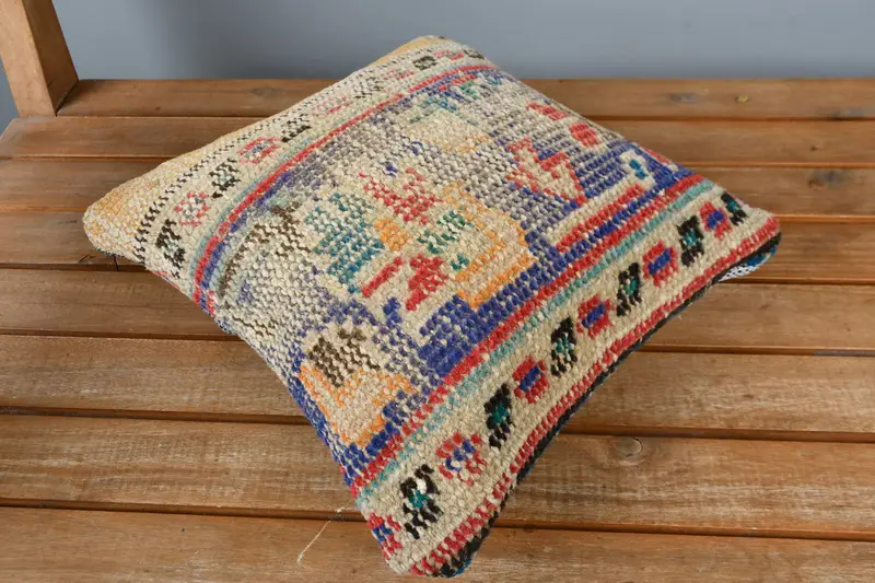 Ethnical Kilim Rug Pillow, Turkish Kilim Pillow, Kilim Rug Pillow Cover, Gift Pillow, 12x12 Blue Pillow Cover, Cushion - 2