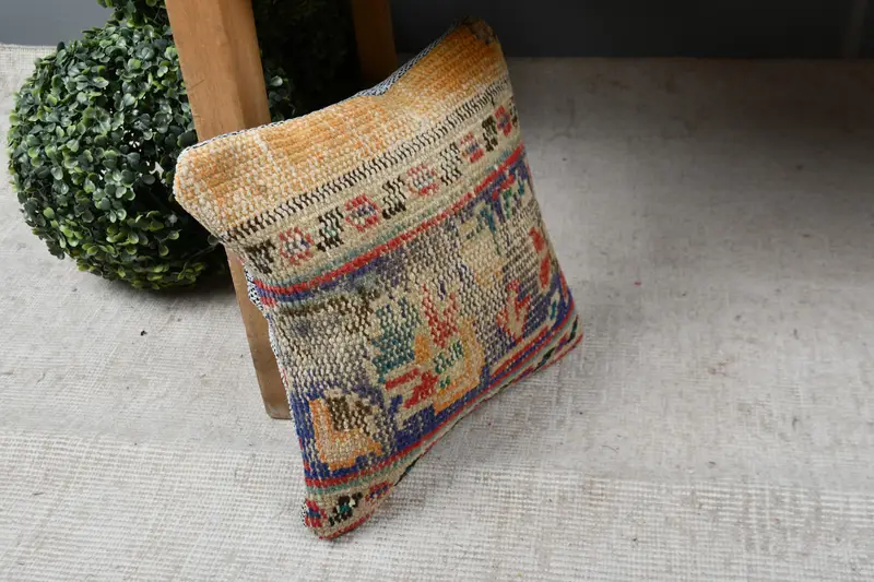 Ethnical Kilim Rug Pillow, Turkish Kilim Pillow, Kilim Rug Pillow Cover, Gift Pillow, 12x12 Blue Pillow Cover, Cushion - 7
