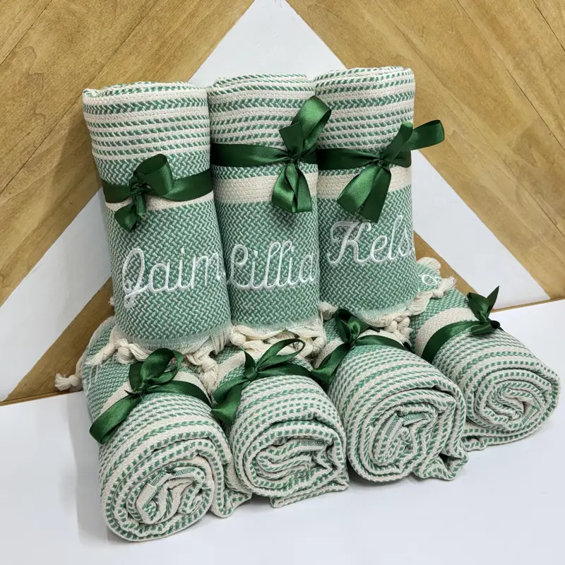 Custom Turkish Towel Embroidered Organic Cotton Beige, 70x40 Inches