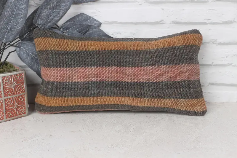 Farmhouse Cushion Cover, Christmas Pillow Cover, Turkish Pillow, Pillow for Sofa, Ethnical Kilim Rug Pillow, 8x16 Brown Cushion Case, Pillow Case - 1