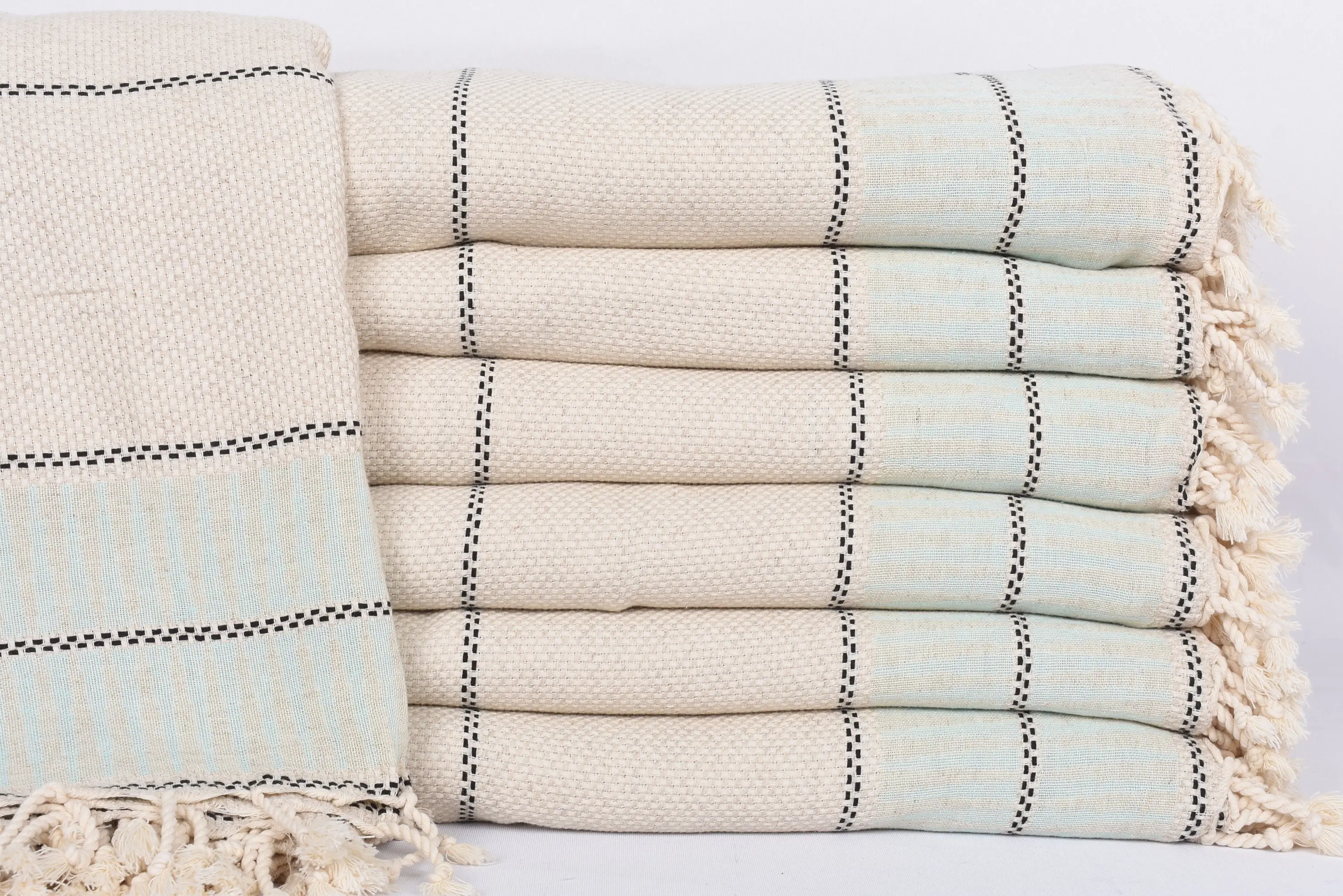 Turkish Bedspread, 103x95 Mint Striped Throw, Cotton, Rustic & Primitive - 1
