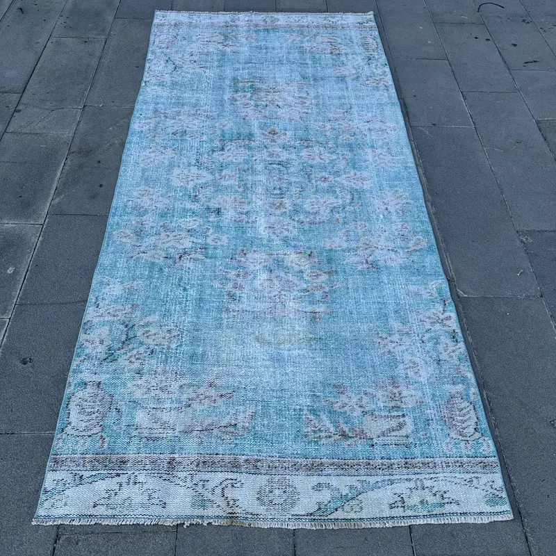 Turkish Oushak Area Rug 4.1x8.9 ft (125x270 cm), Vintage Blue Abstract Rug - 1