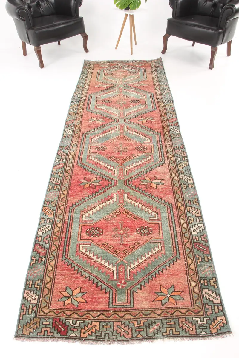 3.1x10.2 ft Rug, Runner Vintage Rug, Red Oushak Moroccan Rug - 1