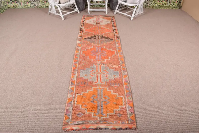 Vintage Runner Halı 2.6x10 ft (80x306 cm), Herki Turuncu Düz Türk Halısı - 1