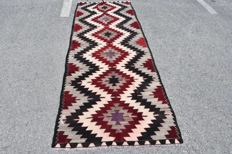 Turkish Vintage Rug 3.2x8.8 ft, Kilim Red Floral Wool Rug - 1