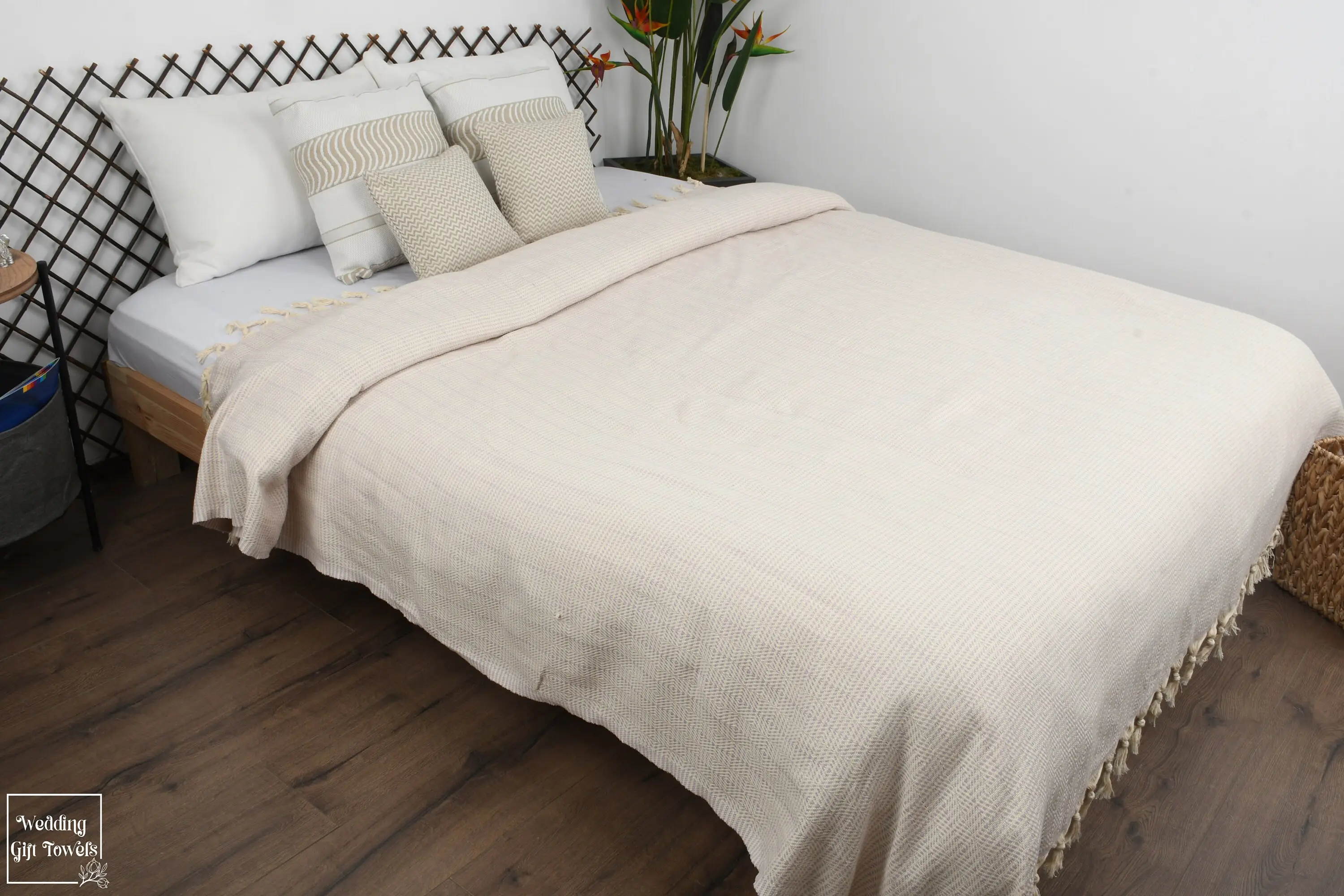 Personalized Turkish Cotton Blanket Geometric Woven Throw Beige Plaid, 75x91 Inches - 1