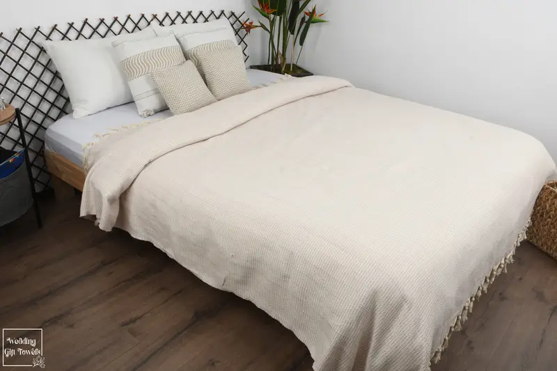 Personalized Turkish Cotton Blanket Geometric Woven Throw Beige Plaid, 75x91 Inches