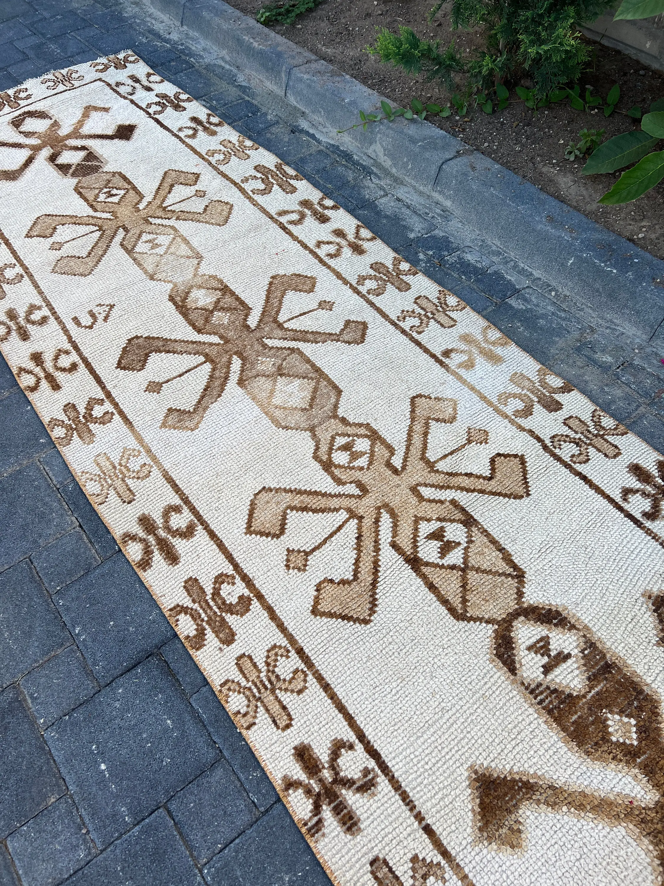 Vintage Runner Rug 2.9x10.7 ft, Turkish Herki Brown Oriental Wool Rug - 1