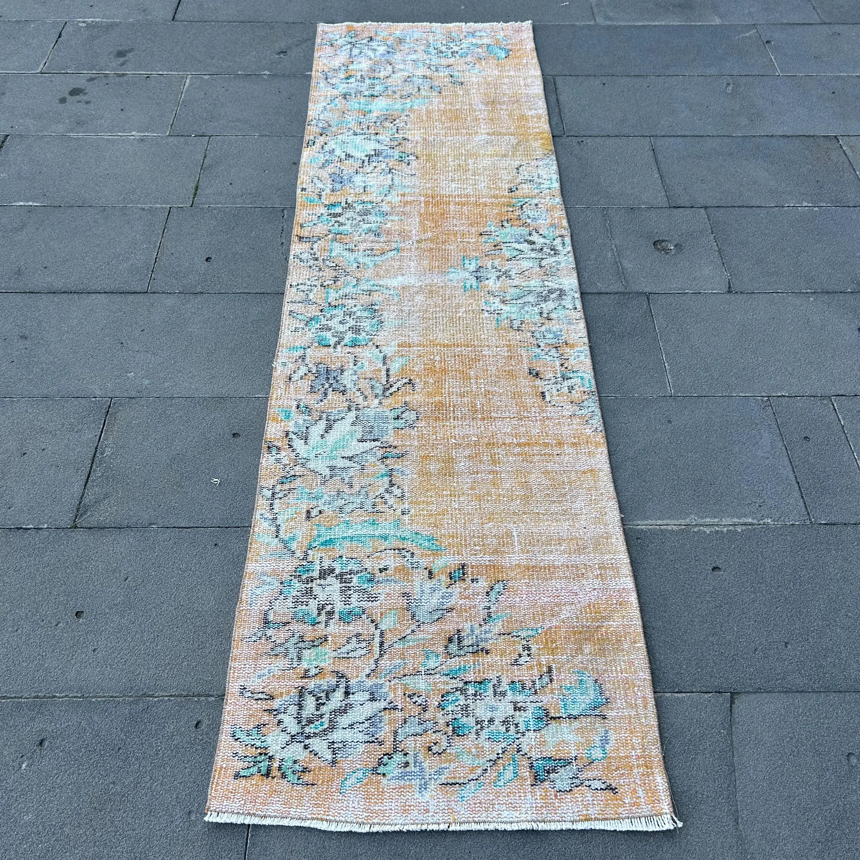Vintage Turkish Rug, 2.2x7.5 ft Rug, Yellow Runner Southwestern Rug - 1
