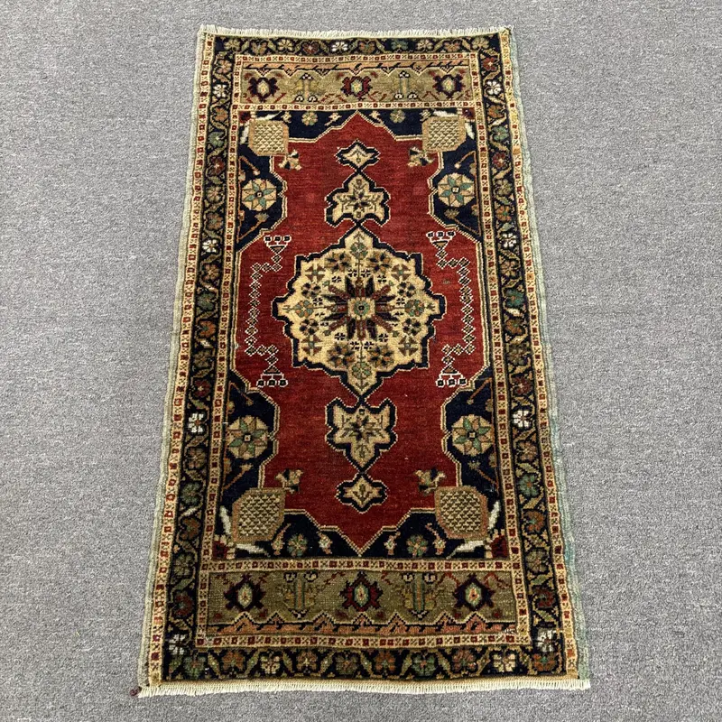 Turkish 1.7x3.2 ft Rug, Small Vintage Rug, Red Blue Plants & trees Rug - 1