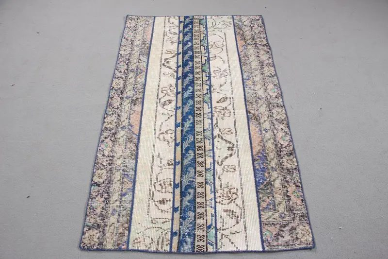 Türk Vurgulu Halı, 3.1x5.2 ft Vintage Halı, Mavi Kareli Yün Halı - 1