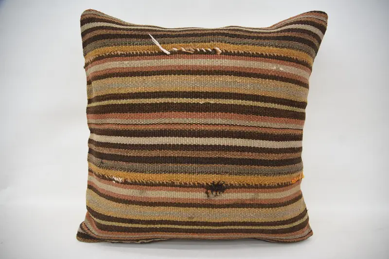 Square Striped Turkish Pillow Cover, Antique Brown Anniversary Gift 18x18 inch Pillow Case - 1