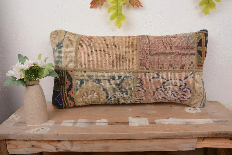 Embroidered Beige & Bronze Pillow, 12x24 Handmade Throw Pillow