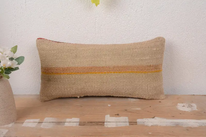 Handmade 8x16 Embroidered Pillow, Vintage Beige & Orange Throw Pillow