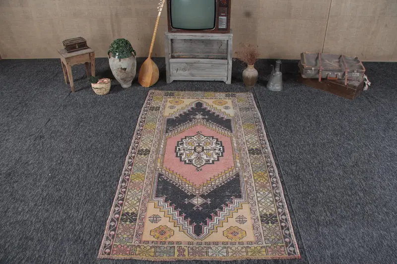 4x7.1 ft Oushak Halı, Vintage Türk Halısı, Kırmızı Siyah Ombré Halı - 1