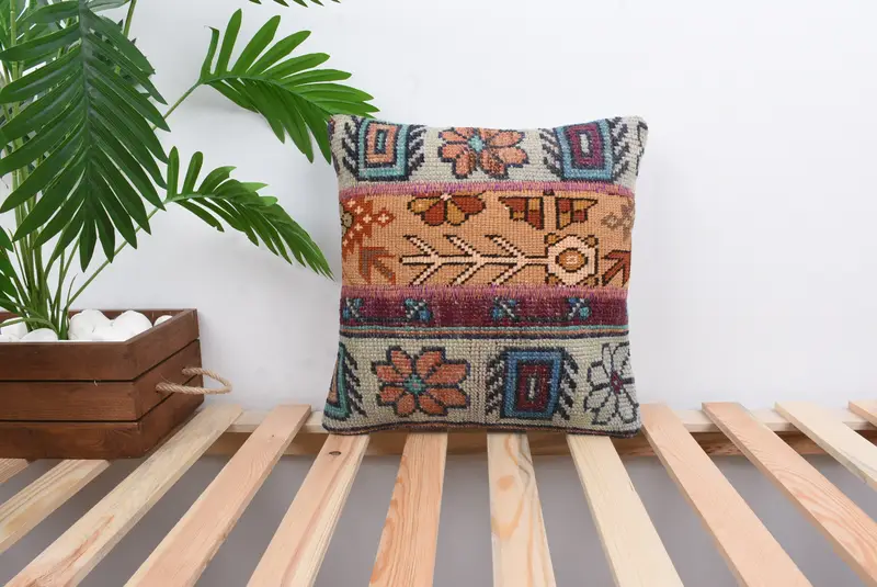 Cushion Case, Ethnic Throw Pillow Case, Interior Designer Pillow, Vintage Kilim Pillow, Home Decor Pillow, 14x14 Green Cushion - 1