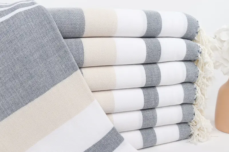 Beach Towel Navy Blue-Beige Cotton Striped, 40x71 Inches