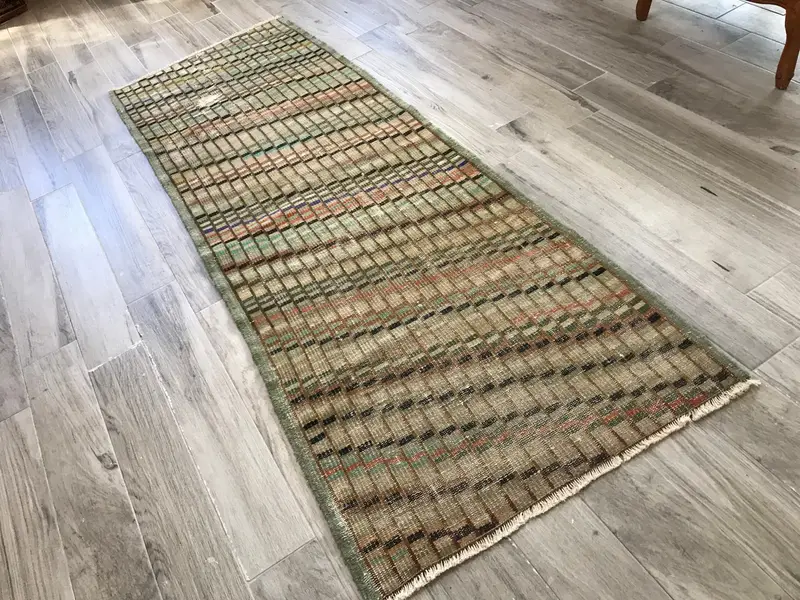 2.8x7.8 ft Rug, Turkish Vintage Rug, Brown Green Wool Rug - 1