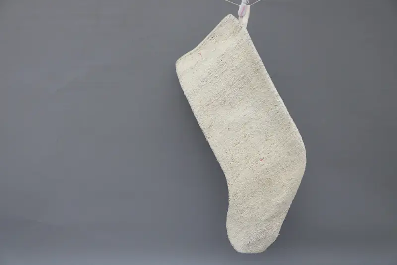 Beige Christmas Stocking with White Ornaments, Festive Holiday Decor