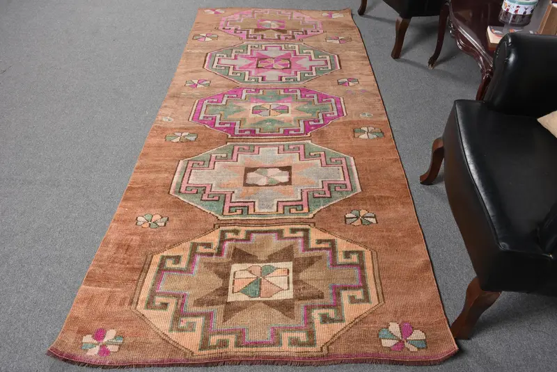 Alfombra Floral Marrón 1,1x2,5m Detalles Verdes