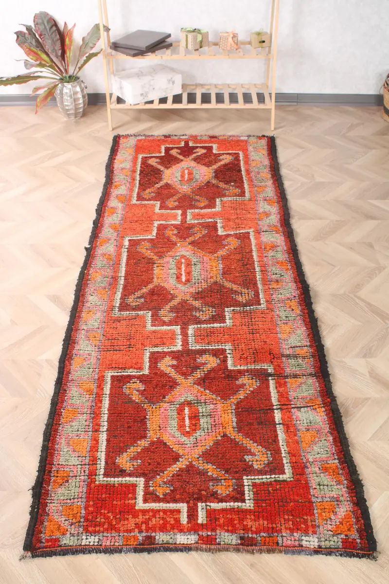 Alfombra vintage de 3,3x8,9 pies, alfombra turca corredora, alfombra con bordes de naranja rojo - 1