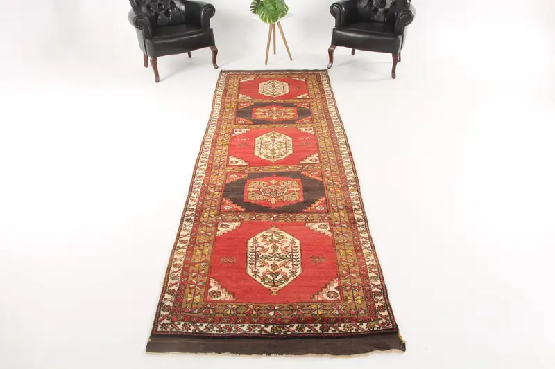 Alfombra turca de 3,5x11,5 pies, alfombra vintage Oushak, alfombra de lana de camuflaje rojo - 1