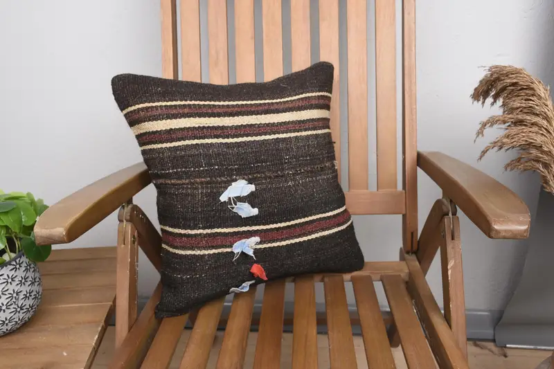 Vintage Kilim Throw Pillow, Garden Pillow Sham, 16x16 Brown Cushion Cover, Gift Pillow, Cushion, Turkish Bench Pillow Sham, Handmade Kilim Cushion - 1