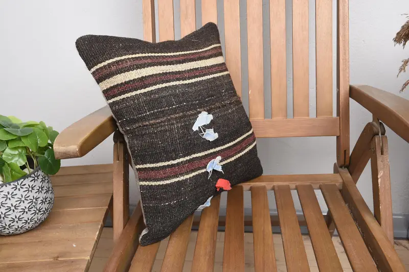 Vintage Kilim Throw Pillow, Garden Pillow Sham, 16x16 Brown Cushion Cover, Gift Pillow, Cushion, Turkish Bench Pillow Sham, Handmade Kilim Cushion - 2