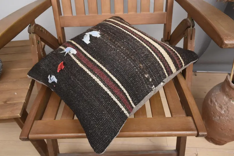 Vintage Kilim Throw Pillow, Garden Pillow Sham, 16x16 Brown Cushion Cover, Gift Pillow, Cushion, Turkish Bench Pillow Sham, Handmade Kilim Cushion - 4