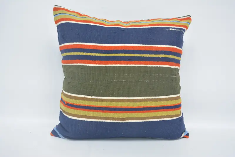 Handgefertigtes gestreiftes Kissen, Blau & Grün 22x22 Vintage Kissen