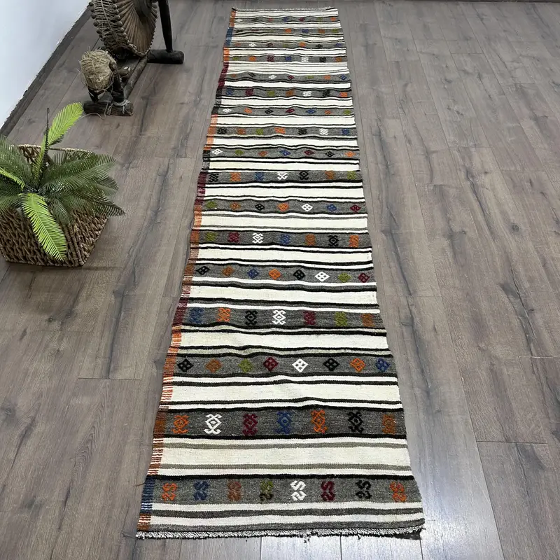 Zarif Bej ve Gri Halı, 2,3x11,3 ft Şık Kareli Tasarım