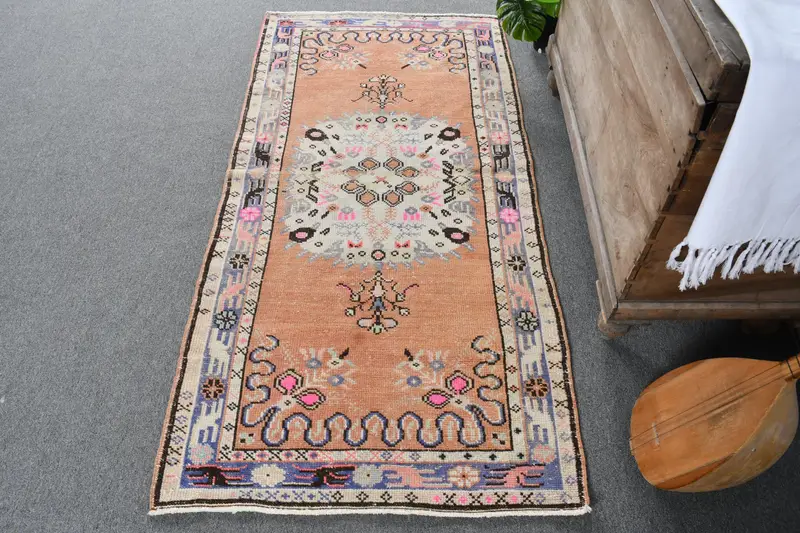 Handmade Orange Rug, 2.3x0.5 ft Oriental Design