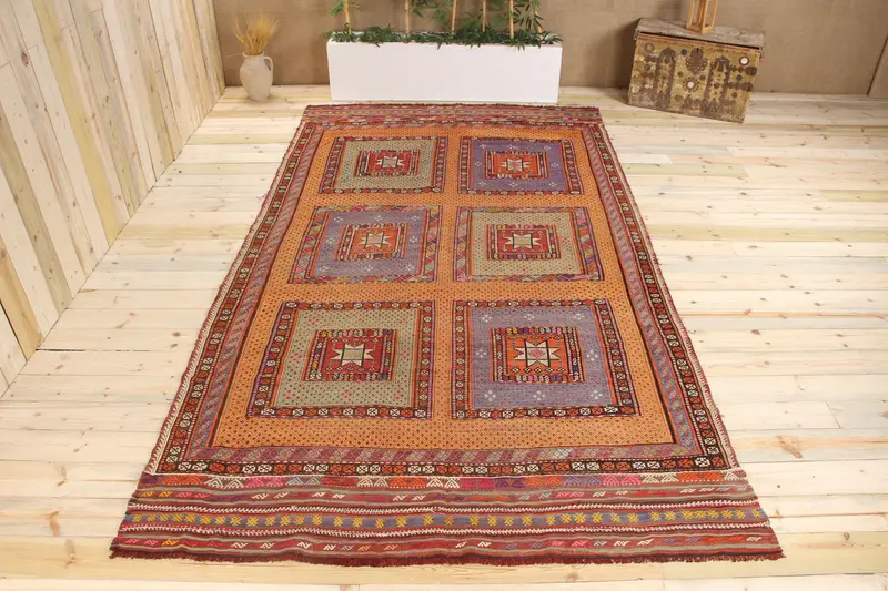 Handmade Orange & Blue Rug, 5.4x11.6 ft Camouflage