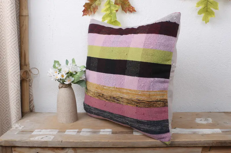 Vintage Kilim Pillow, Kilim Pillow Cover, Outdoor Throw Cushion Case, Vintage Pillow, Cushion, 16x16 Green Cushion Case, Seat Cushion Cover - 4