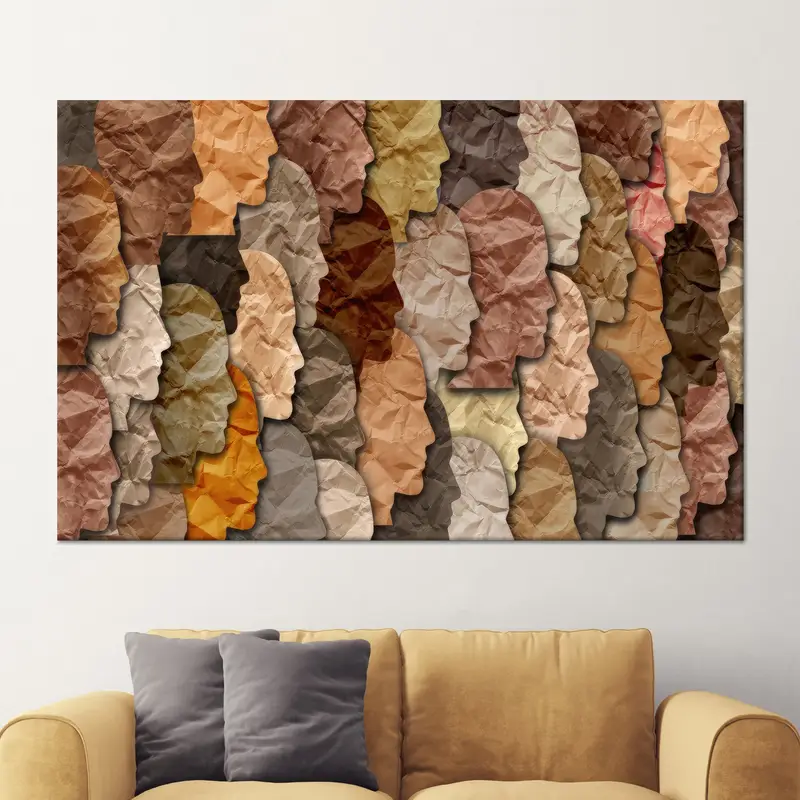 トレンディな茶色の抽象的な顔プリント キャンバス - エレガントなウォールアート