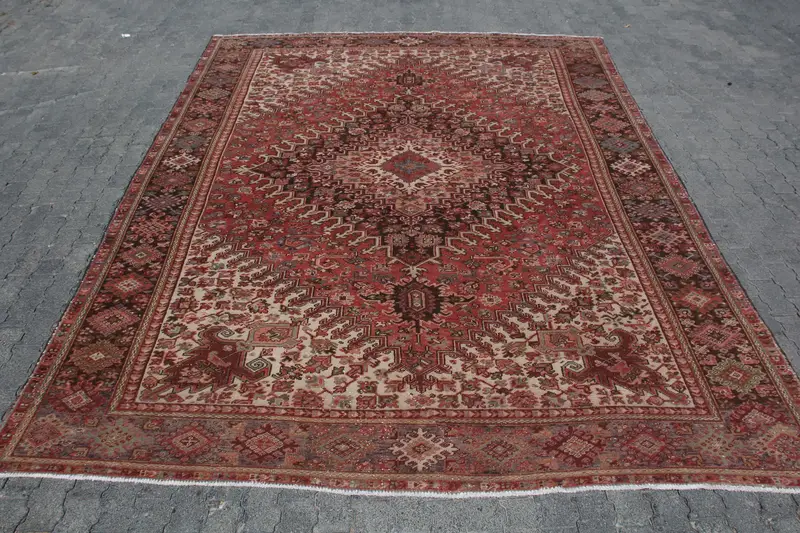 Türkischer Vintage-Teppich 9,1 x 12 Fuß, roter Oushak-Blumenteppich - 1
