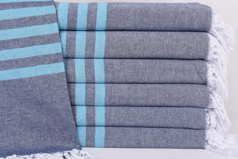 Beach Towel Monogrammed Turkish Cotton Turquoise-Navy Stripes, 70x36 Inches