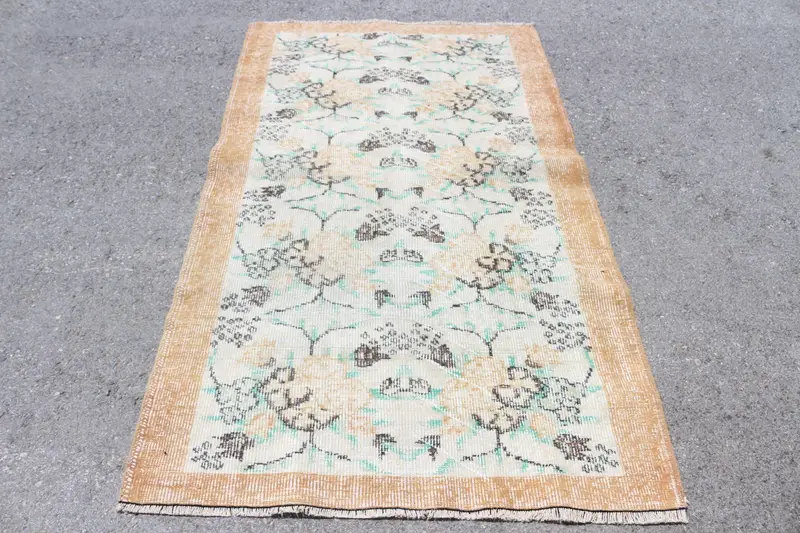 3.9x7 ft Vintage Oushak Halı, Kahverengi Kamuflaj Türk Yün Halısı - 1