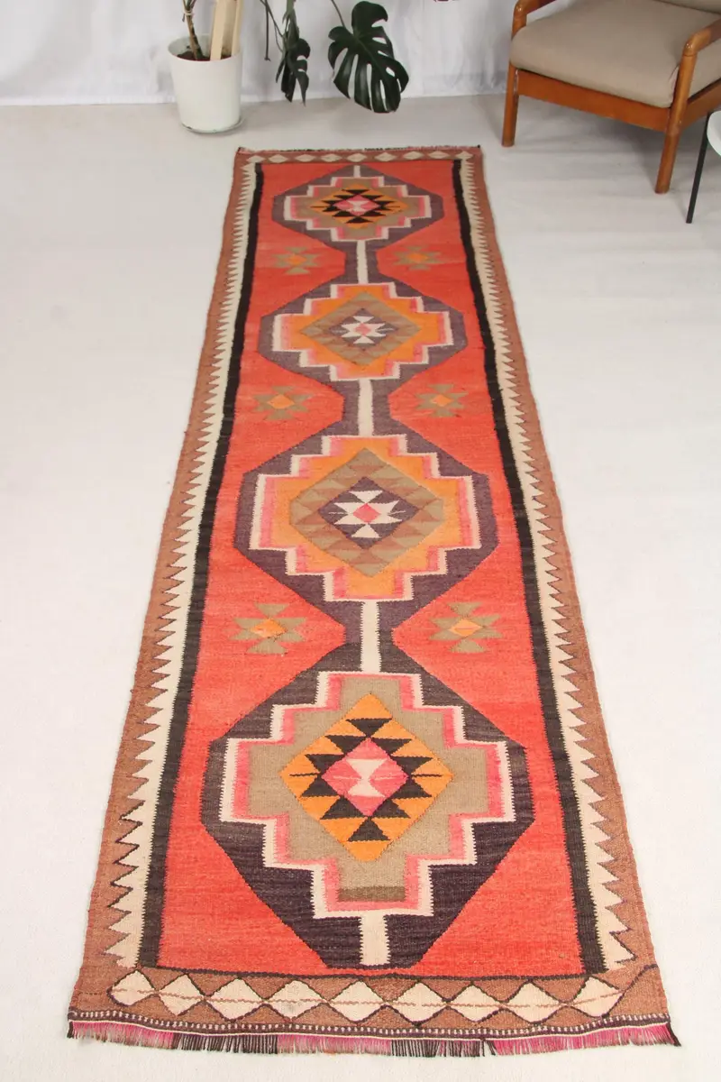 3x10,7 ft Vintage Teppich, türkischer Läuferteppich, roter Paisley-Wollteppich - 1